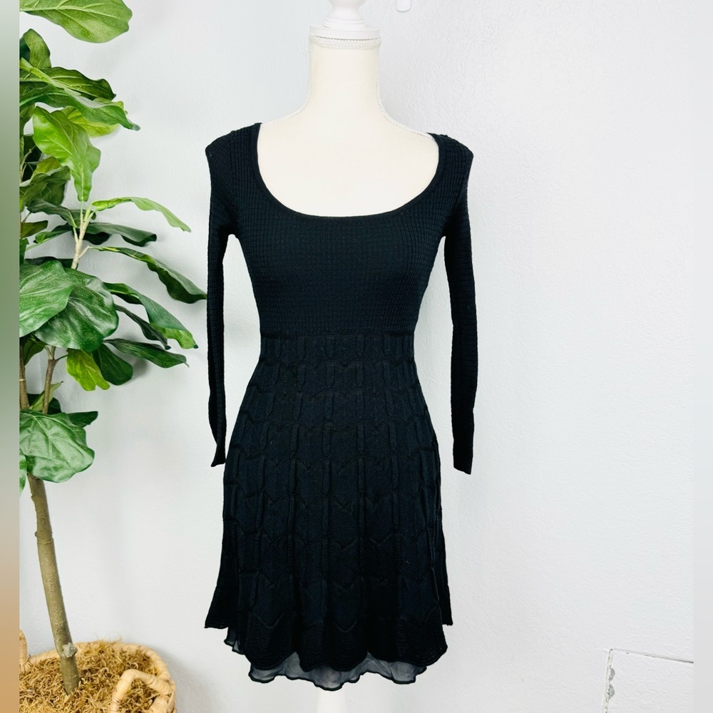 M Missoni Black Ribbed Knit Mesh Long Sleeve Chevron Print Dress